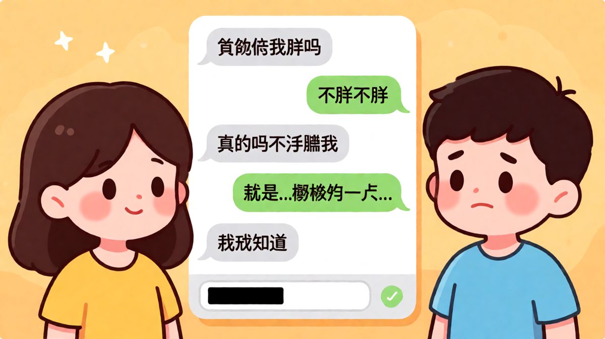 送命题'我胖吗'的经典陷阱，男生从'不胖'一路翻车到'有一点'，最终被拉黑的绝望