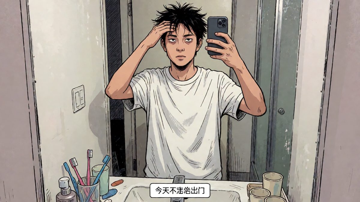 第四格：看着镜子里的自己，决定今天请假