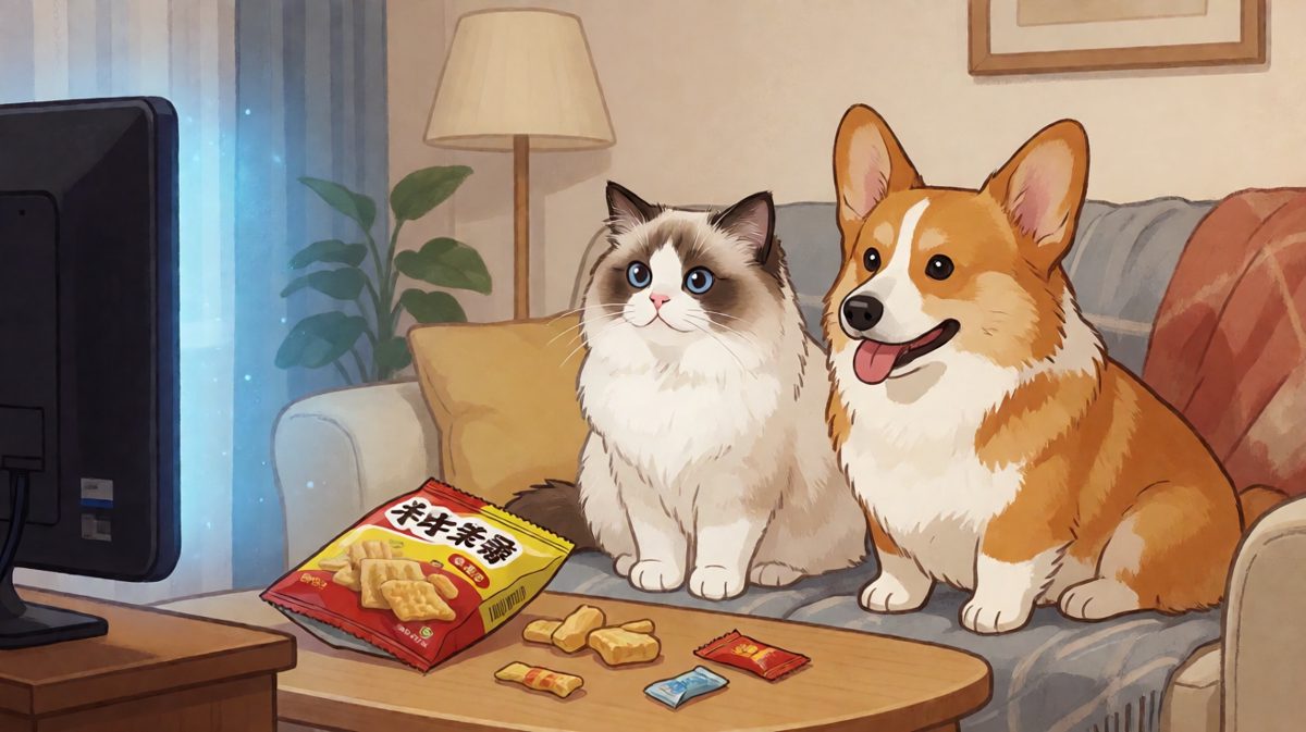 猫狗双全的夜晚，追剧也要并肩作战。