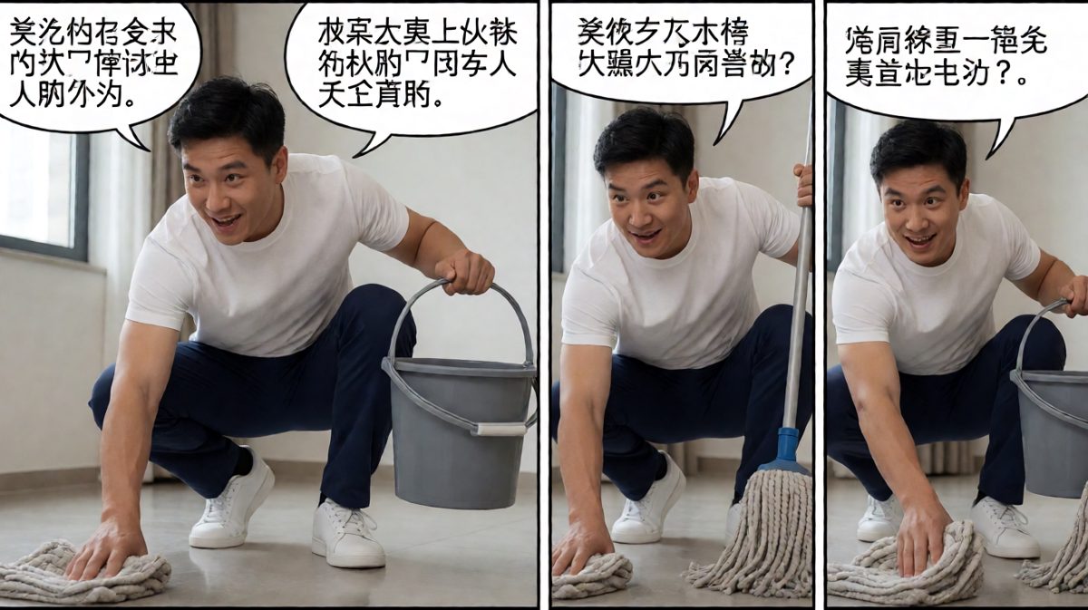 第二格：擦地时脚底一滑摔个四脚朝天