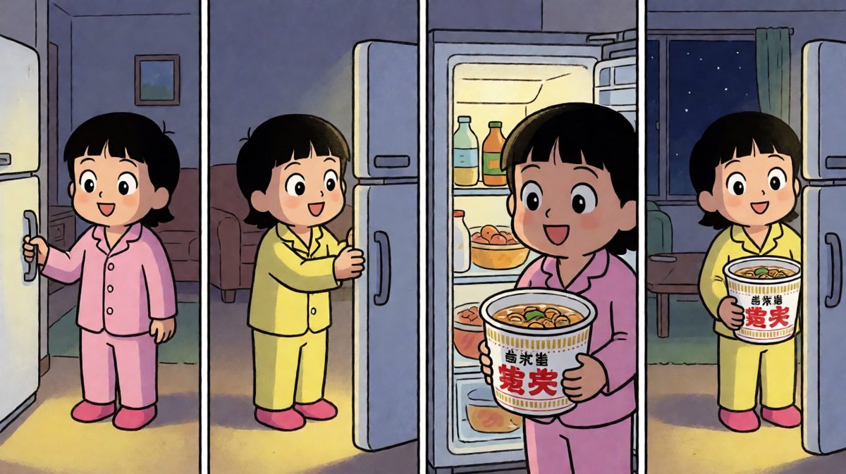 第3格：深夜的诱惑……只是喝口汤而已对吧。