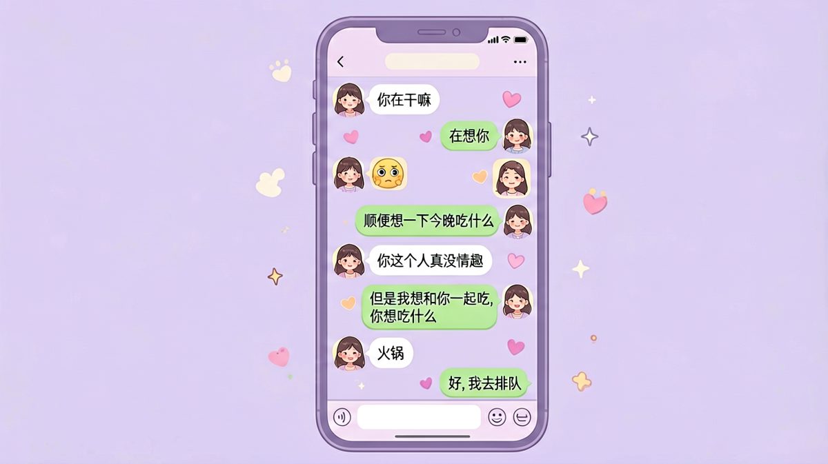 土味情话开场，却在想她的同时惦记着晚饭，直男式浪漫令人捧腹。