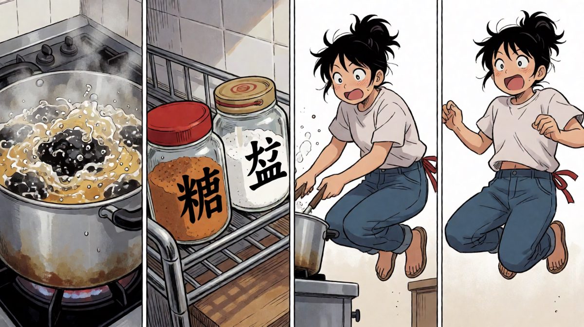 第2格：炒糖色时火太大，主角手忙脚乱差点被锅炸飞。