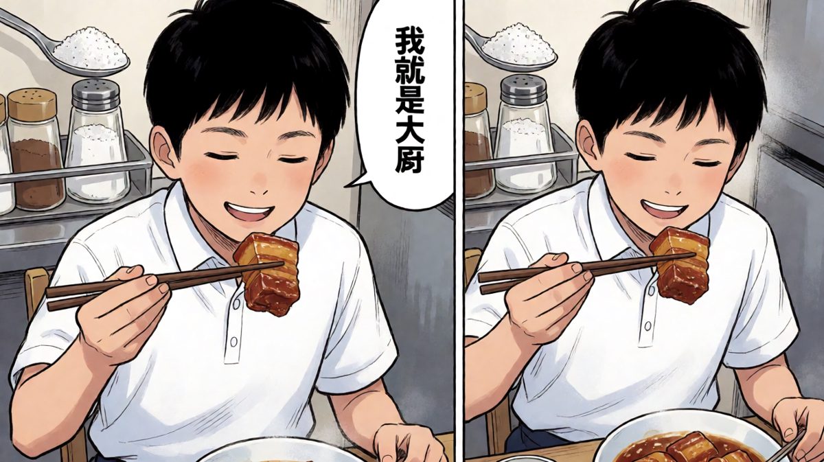 第3格：主角尝了一口，完全没发现自己多放了盐，还觉得自己是天才。