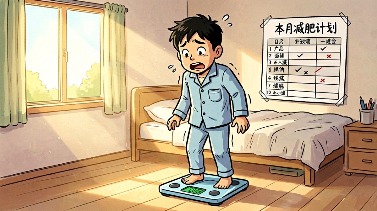 早起称体重，发现目标遥遥无期，下定决心开始减肥。