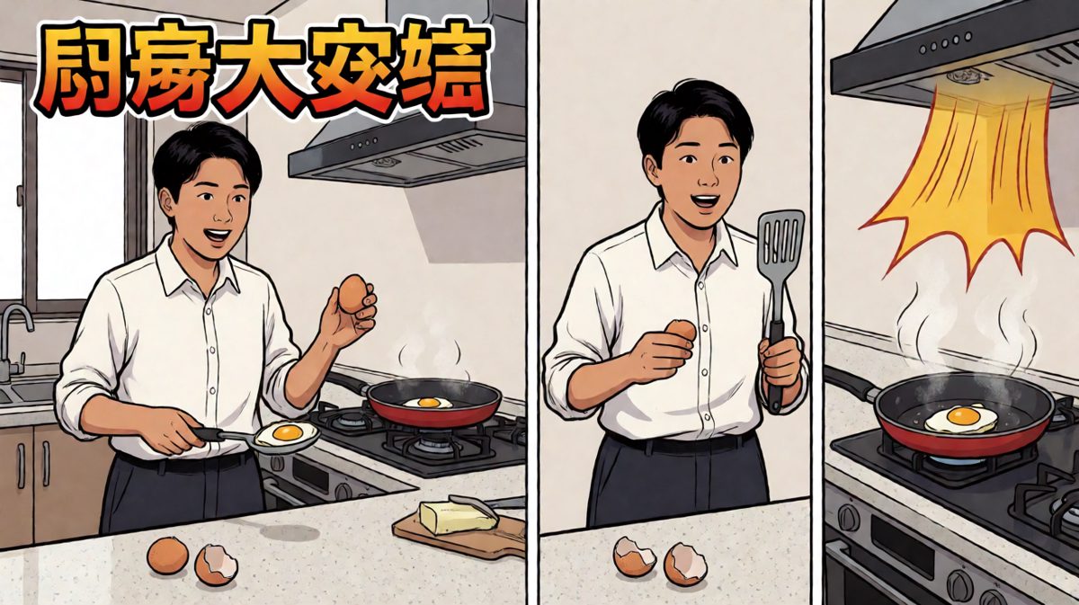 第二格：烹饪过程意外频出，但主角毫不退缩