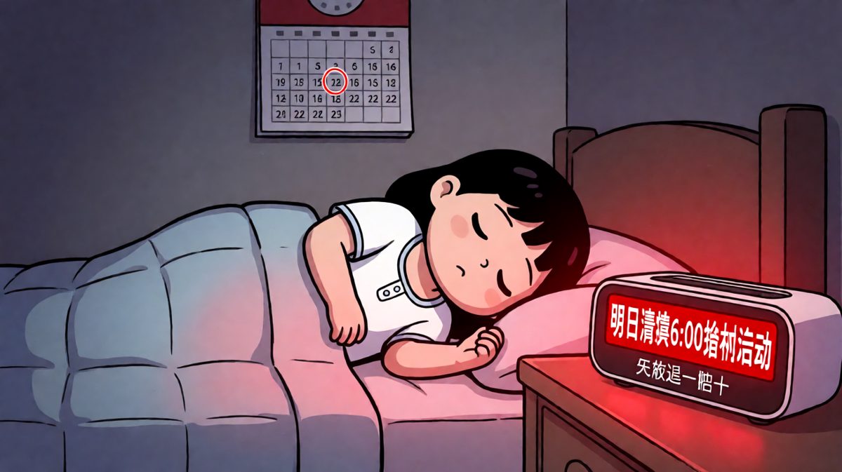 当晚，主角特意设置'暴力唤醒模式'，并在闹钟上贴了'无效退一赔十'的字条，信心爆棚。