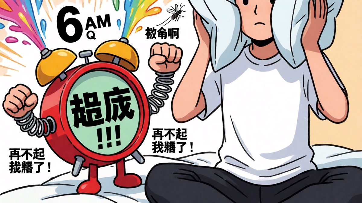 闹钟拼尽全力——喷水、弹拳、嚎叫、甚至长出手脚踹被子，但主角无动于衷，蚊子都被吵得喊救命。