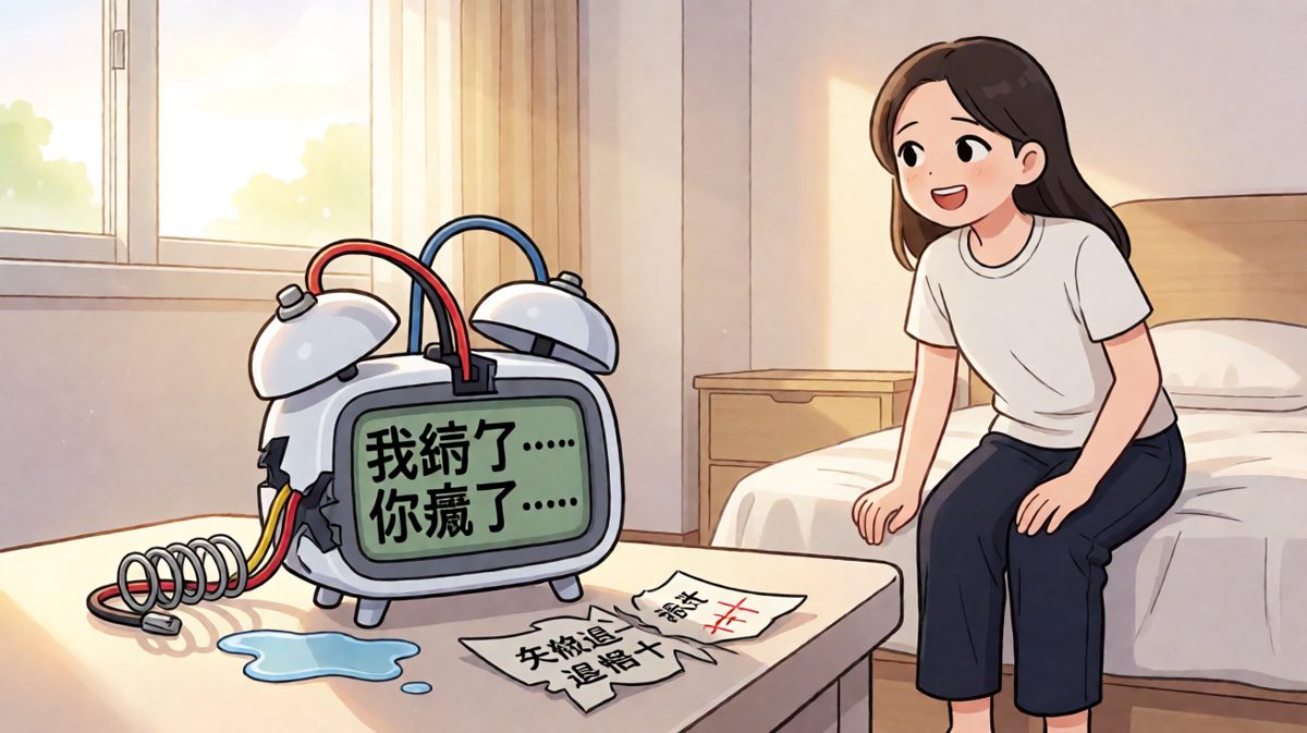 闹钟累到报废，屏幕显示'我输了'，而主角看了一眼坏掉的闹钟，嘀咕'坏了正好'，翻个身继续睡。
