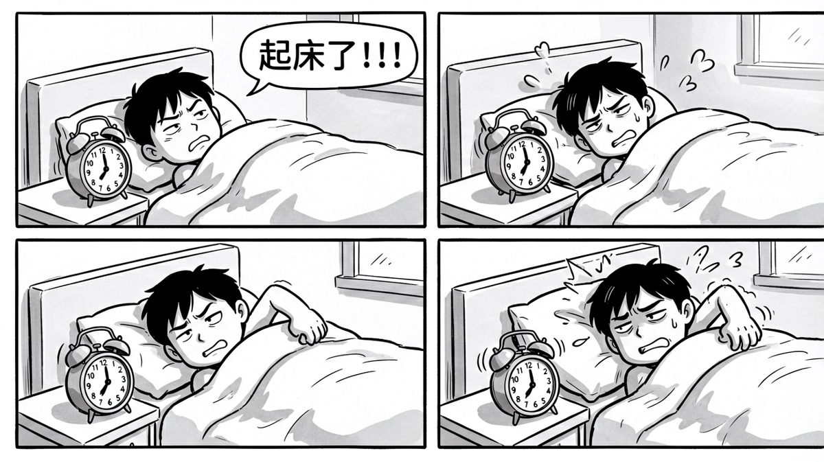 闹钟响了七遍，小明终于挣扎着爬起来