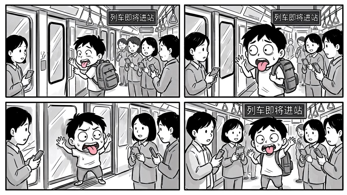 早高峰地铁，小明的脸被挤成了画