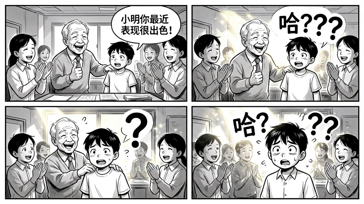 小明还没搞清状况就被老板当众表扬
