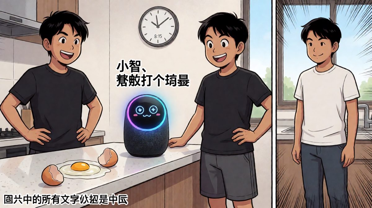 主角让音箱帮忙打鸡蛋，结果场面完全失控，蛋壳碎片和蛋液撒得到处都是。