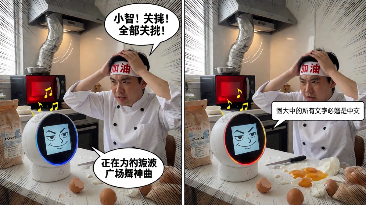 主角命令音箱停止，结果它反而开启了混乱模式，厨房家电全部联动发作。