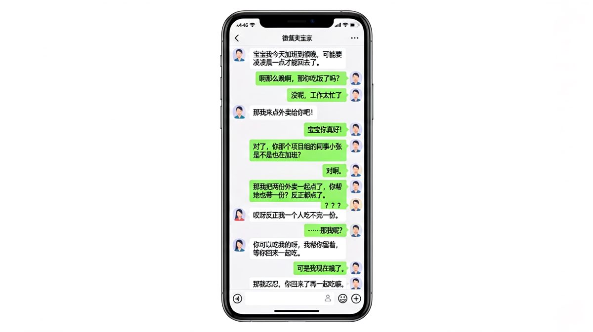 女生假装心疼点外卖给加班男生，结果顺带点了同事的，还让男生等她回来一起吃，逻辑让人无语。
