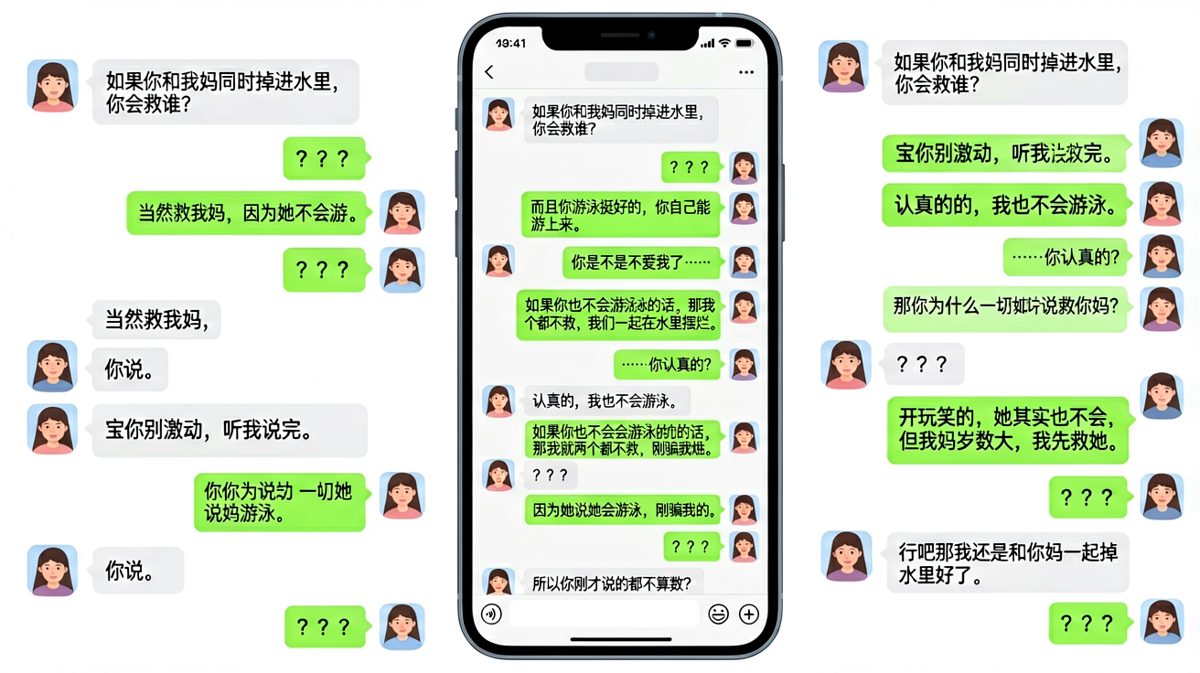 经典送命题'落水救谁'，男生全程在线又摆烂，最终女生决定和妈妈一起掉水里，反转荒诞好笑。