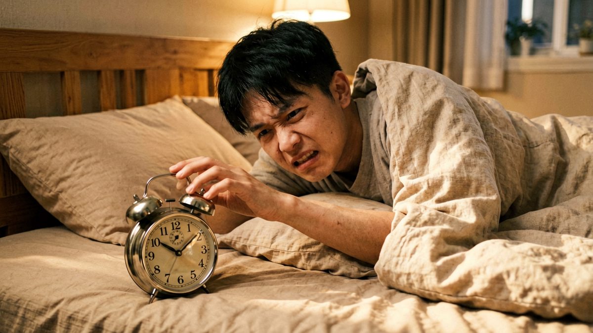 第一个闹钟响起，他痛苦地跟睡意作最后的搏斗。
