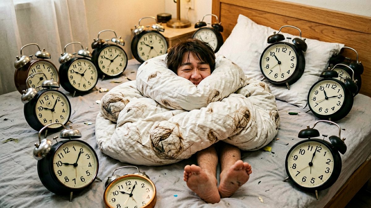 所有闹钟同时响起，他已经被床牢牢封印。