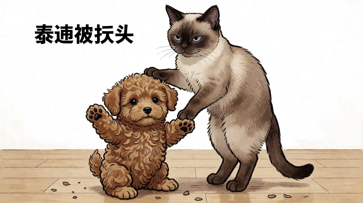 泰迪：我错了！我下次不舔你尾巴了！暹罗：嗯，知道就行。
