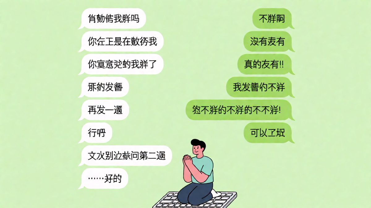 经典的'你觉得我胖吗'死亡提问，男生靠重复发誓艰难通关。