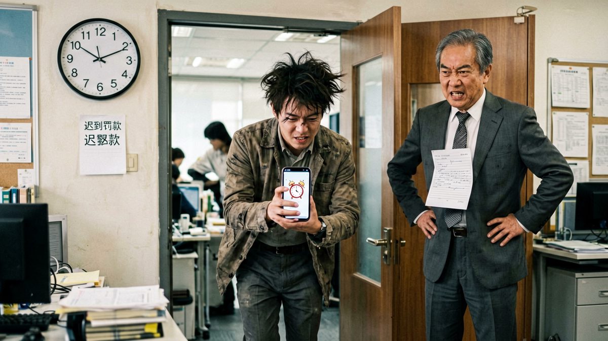 迟到的他终于 arrived，迎接他的却是老板的死亡凝视。