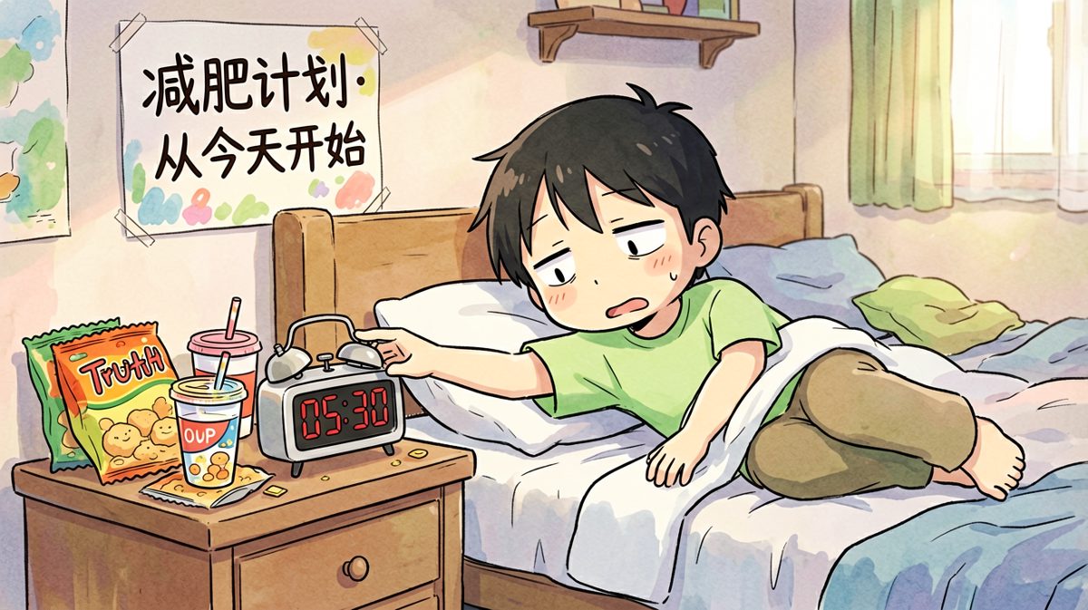 凌晨五点半，闹钟响起，主角挣扎着伸手按掉继续睡。