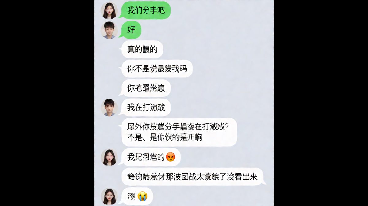 女生玩笑式提分手，男生秒答应还因为在打游戏没 get 到信号，全程笑点密集。