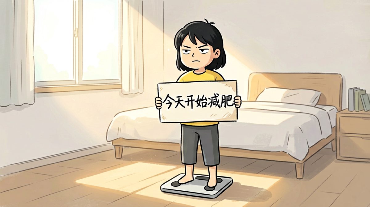 第一格：主角早起立志减肥，信心满满立下Flag