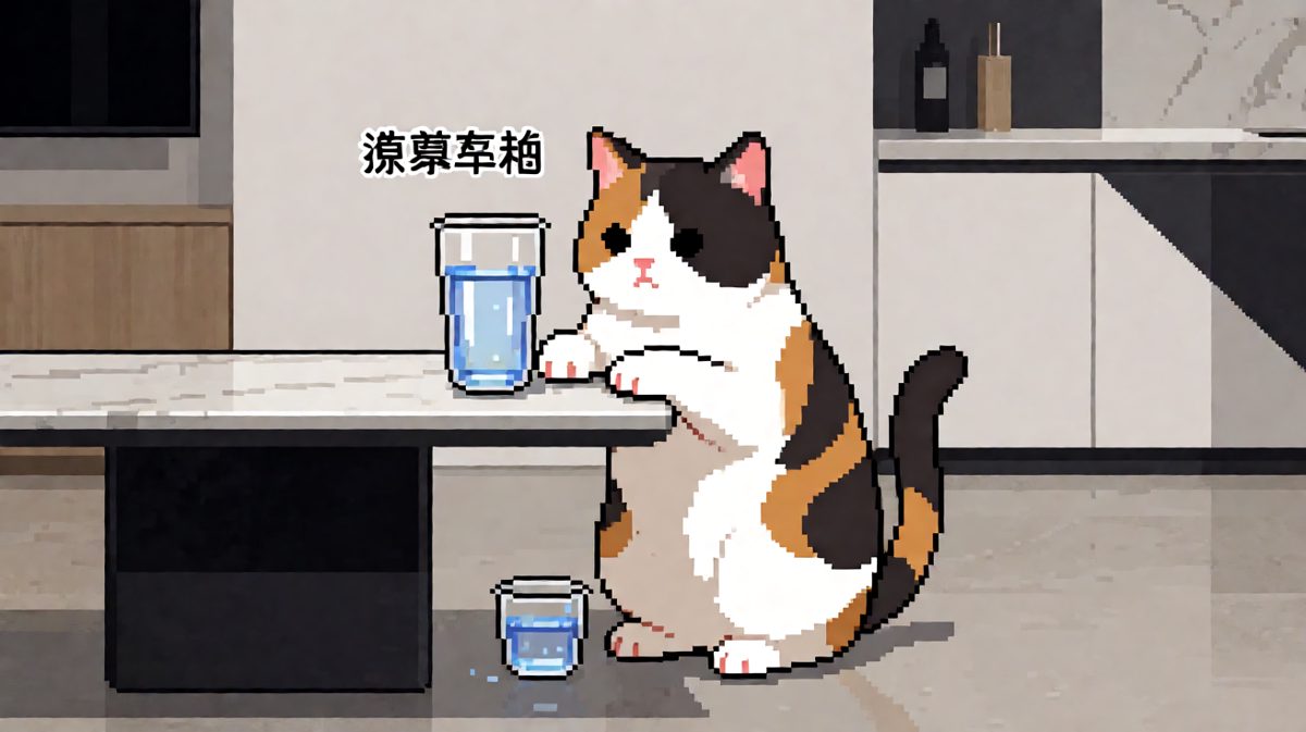 猫：这杯不是我碰的，是水自己跳下去的。