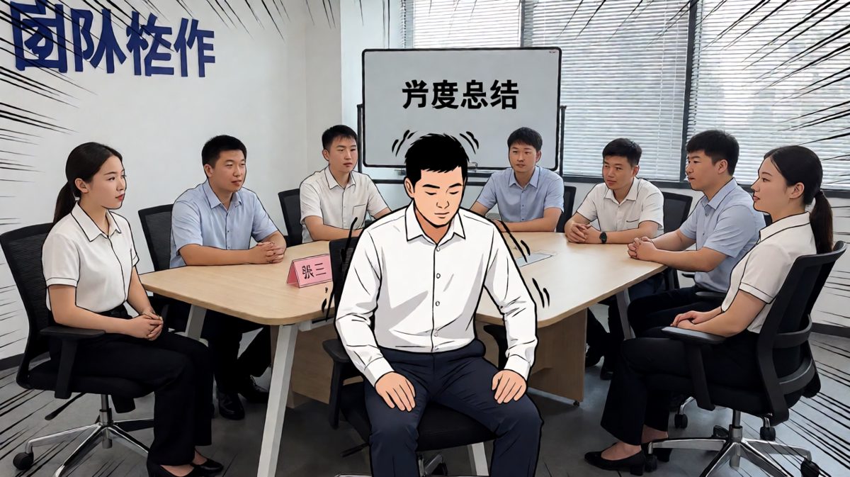 第三格：尴尬的沉默，所有人用奇怪的眼神看着他