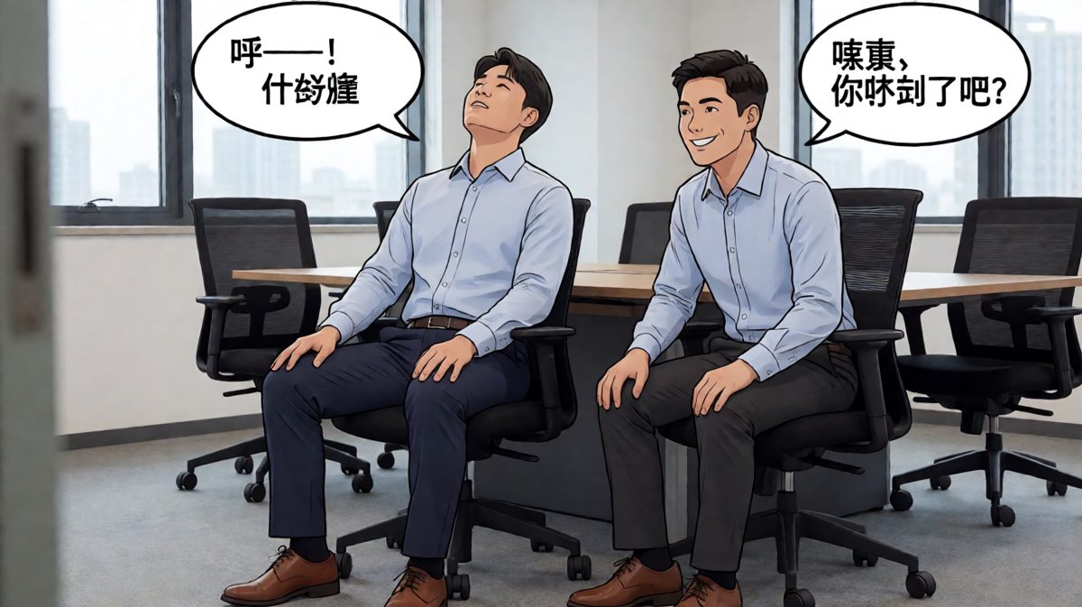 第四格：虚惊一场！原来是同事的椅子发出的声音