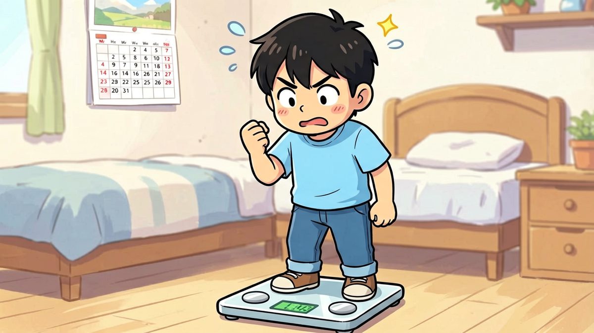 主角对着体重秤痛下决心：从今天开始减肥！