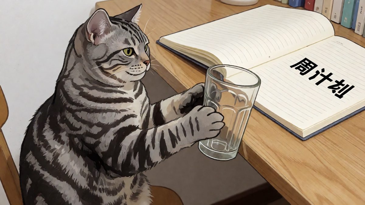 猫：你的周计划我帮你'简化'了一下，少了一杯水，其他不变。