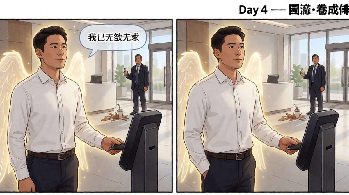 第四天，他准时到达——因为已经不需要睡觉了。卷到最后，他成了佛。