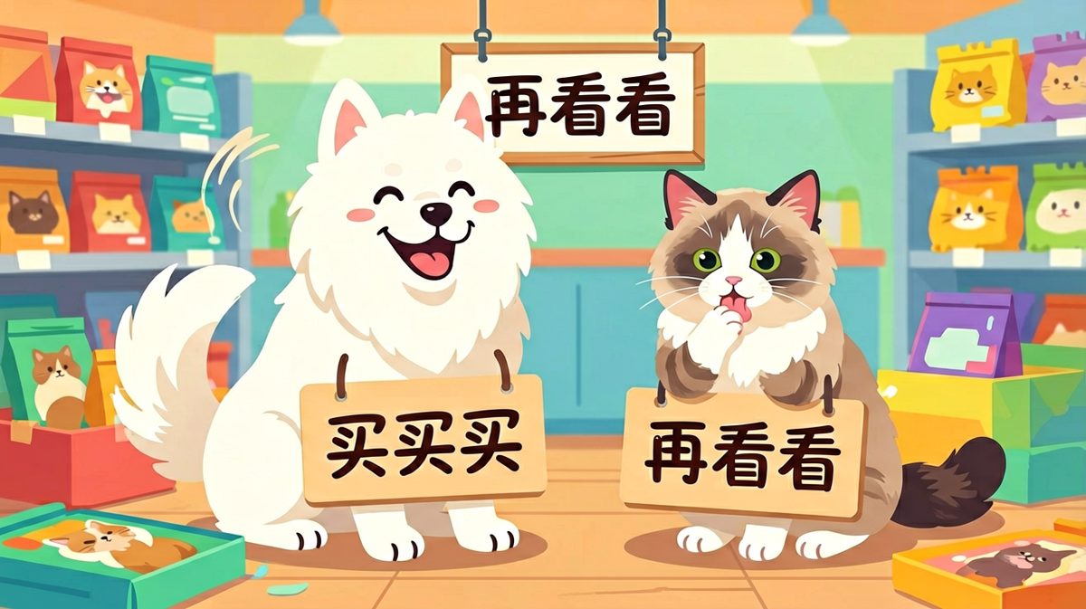 狗狗：今天全场五折不囤货对不起自己！猫咪：嗯，先看看需求再说。