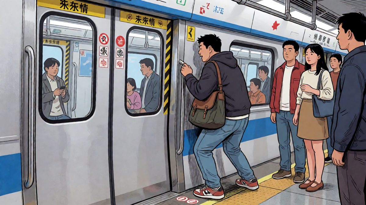 主角拼命挤上车，却发现门关了。