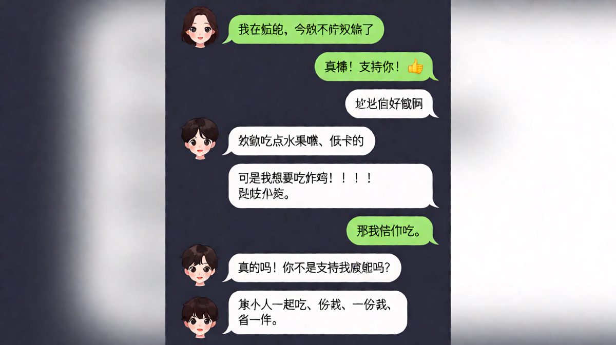 说要陪女朋友减肥的男朋友，最后用'省一半'的逻辑说服了她一起点炸鸡。