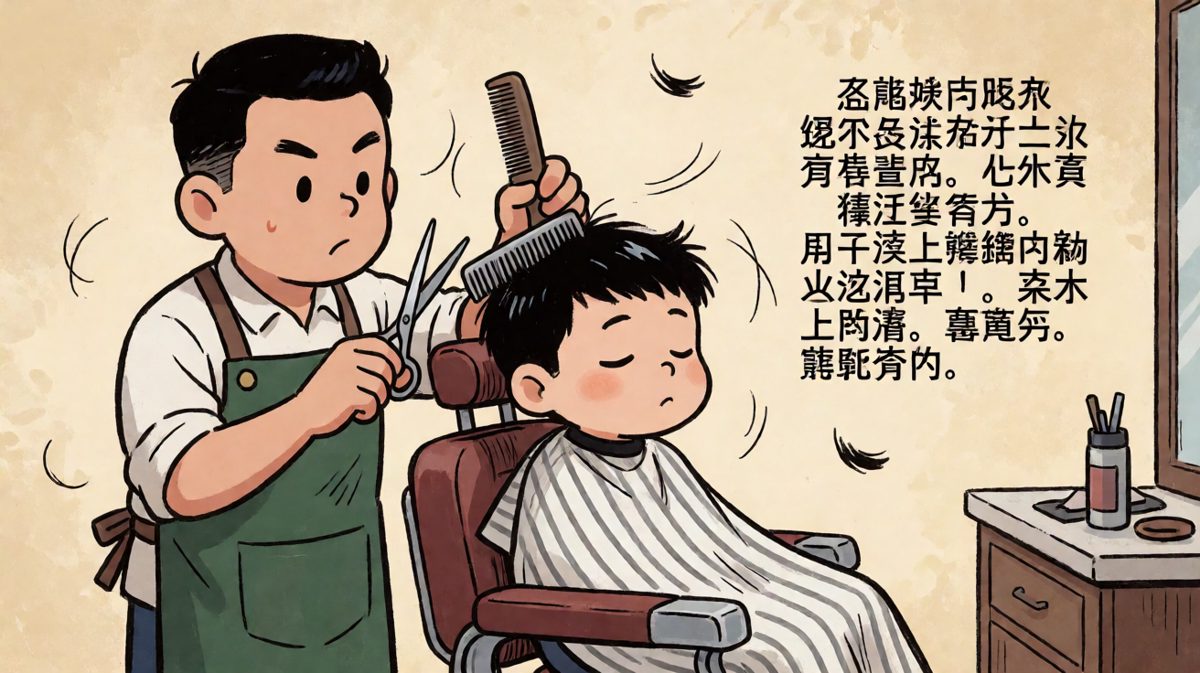 理发师认真操作，小明闭眼享受变帅的过程