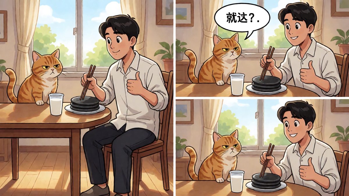 自我安慰式开吃，猫的表情说明了一切。
