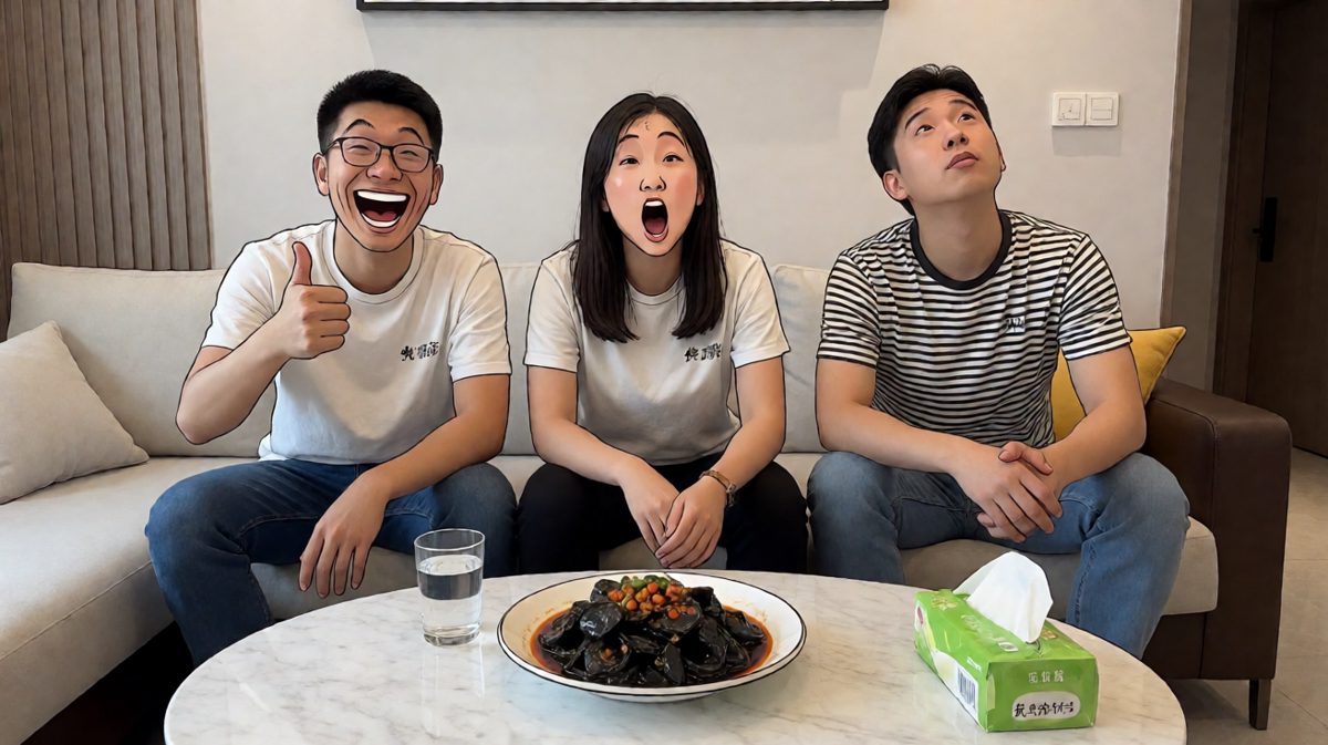 朋友们面对黑暗料理，表情从强撑到崩溃各不相同。