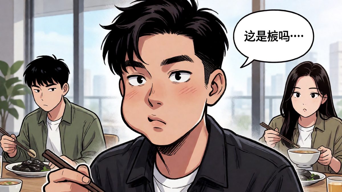 朋友艰难地咽下第一口，内心经历了巨大的冲击。