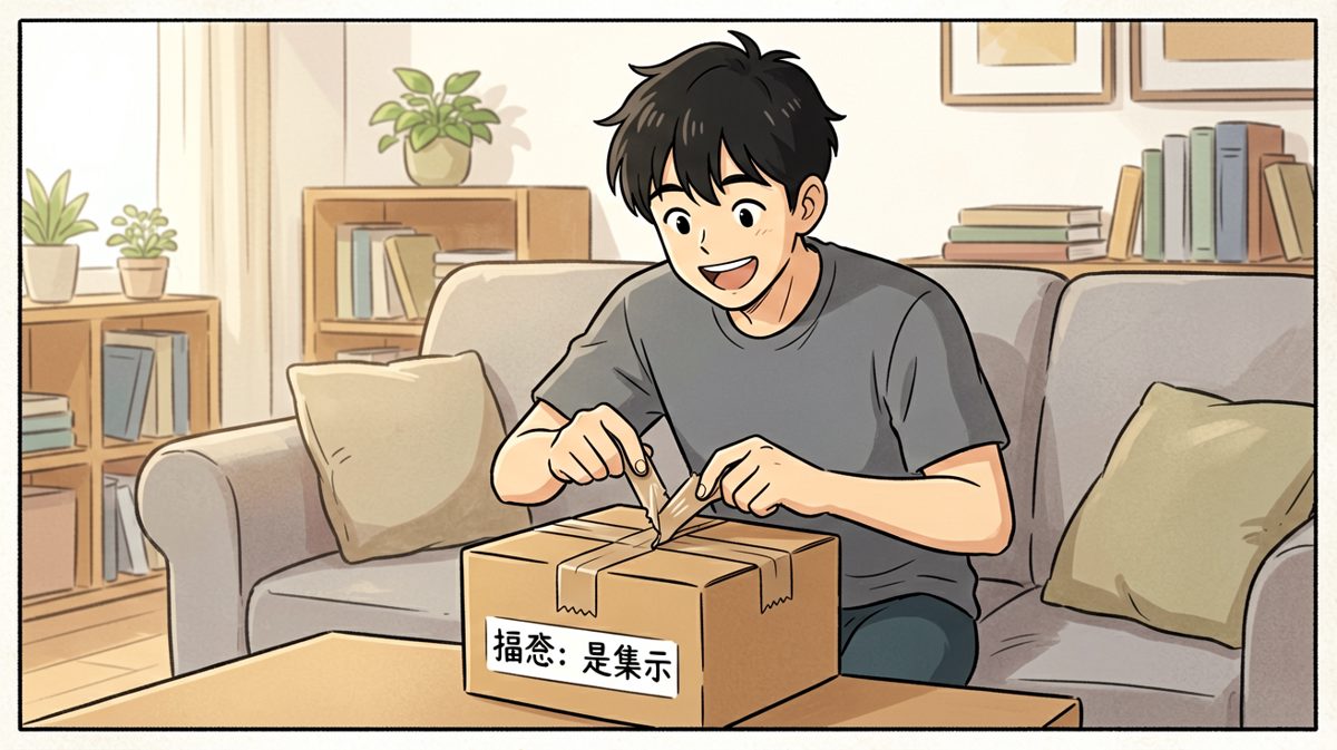 快递员上门，主角兴奋地等待拆快递