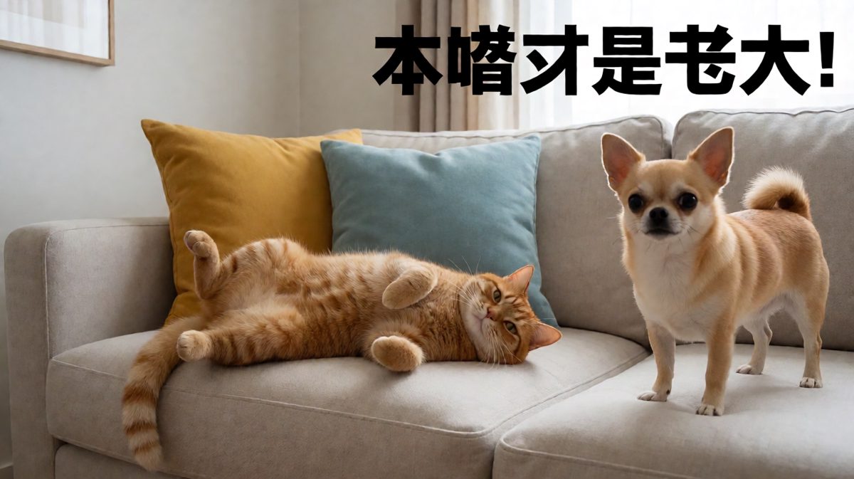 猫咪占领沙发，狗狗委屈巴巴