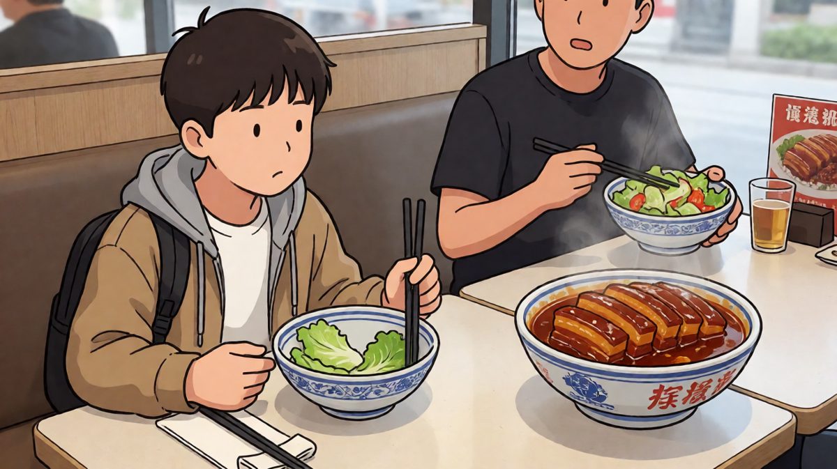 中午面对沙拉内心正在挣扎。