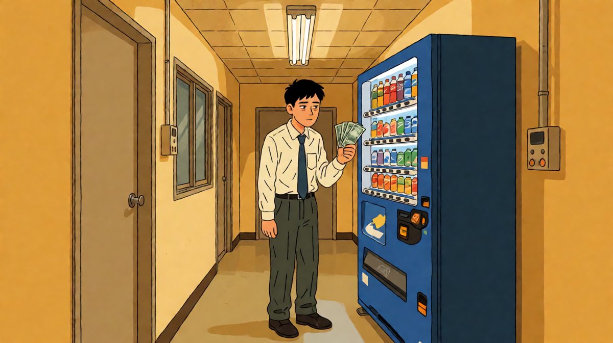 深夜加完班，他想偷瓶饮料犒劳自己。
