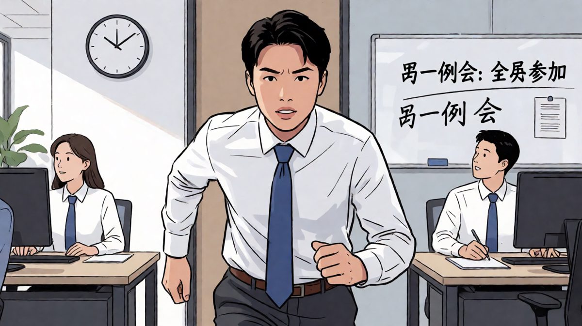 主角终于赶到公司，却发现同事们都已经开始工作了