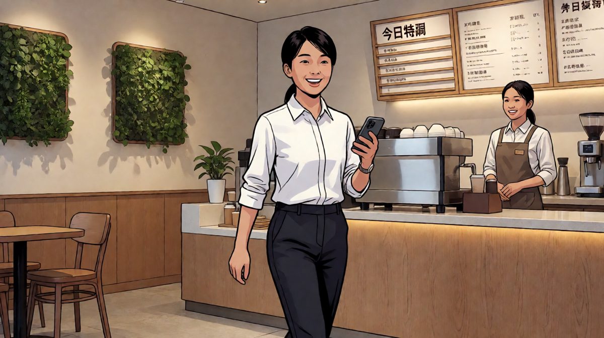 顾客自信走进咖啡店，准备享受一杯完美咖啡。