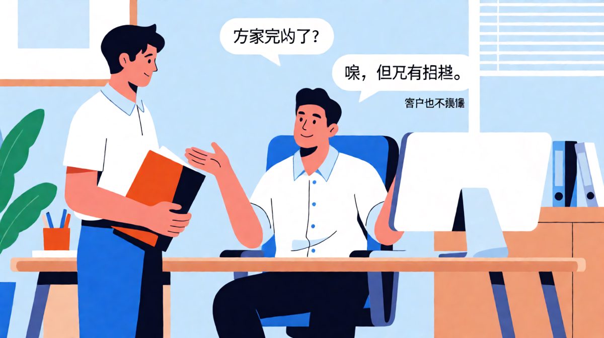 员工自豪展示熬夜方案，老板却暗示内容空洞客户不懂。