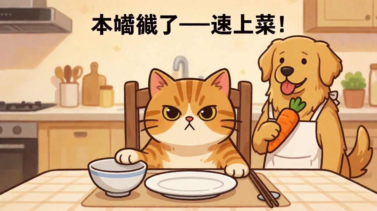 橘猫主子端坐主位等上菜，金毛保姆一脸委屈