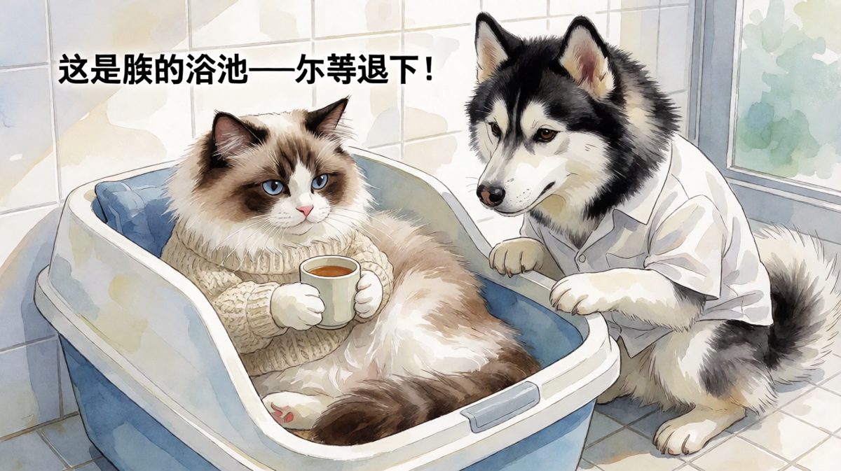 布偶猫泡猫砂温泉，哈士奇偷偷围观